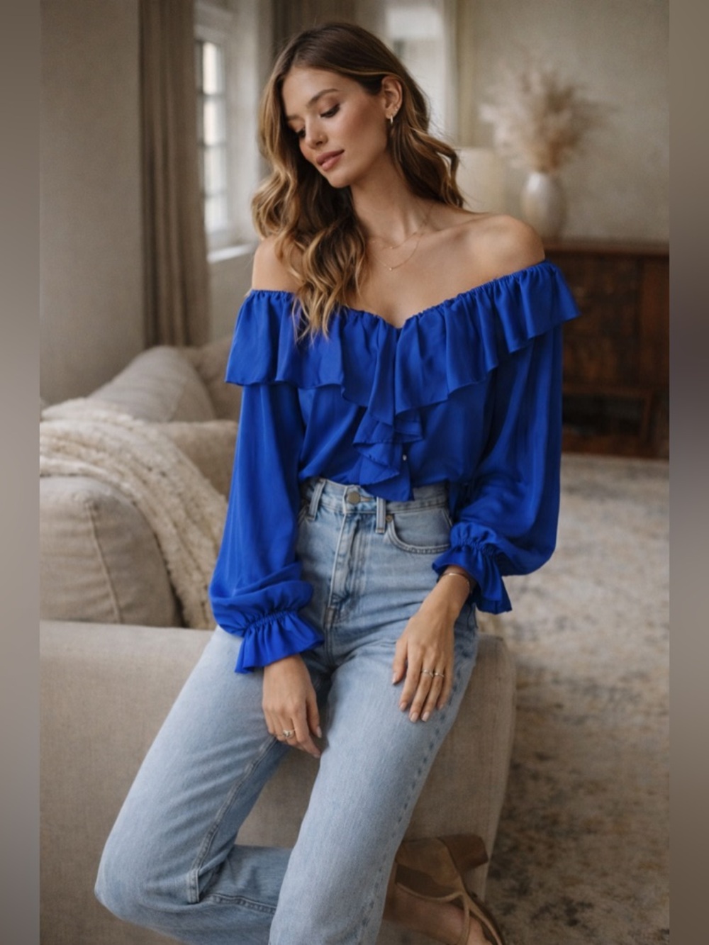 100% Silk Ruffle Peasant Blouse| Jonathan Martin NWT | Vintage Boho Blue Top Med